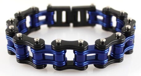 Wide Bright Blue & Black Motorcycle Chain Bracelet in Stainless Steel