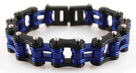 Wide Bright Blue & Black  Motorcycle Chain Bracelet in Stainless Steel