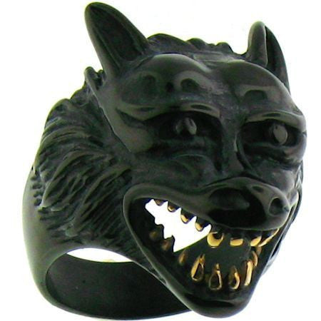 Big Bad Wolf Ring in Black with Gold Teeth Mens SIzes