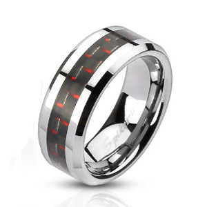 Carbon Fiber Red & Black Stainless Steel Comfort Fit Band/Ring 6mm wide