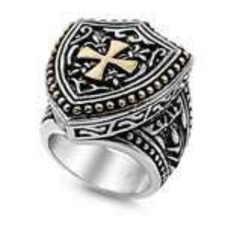 Extra Large Shield RIng with Gold Cross  in Stainless Steel
