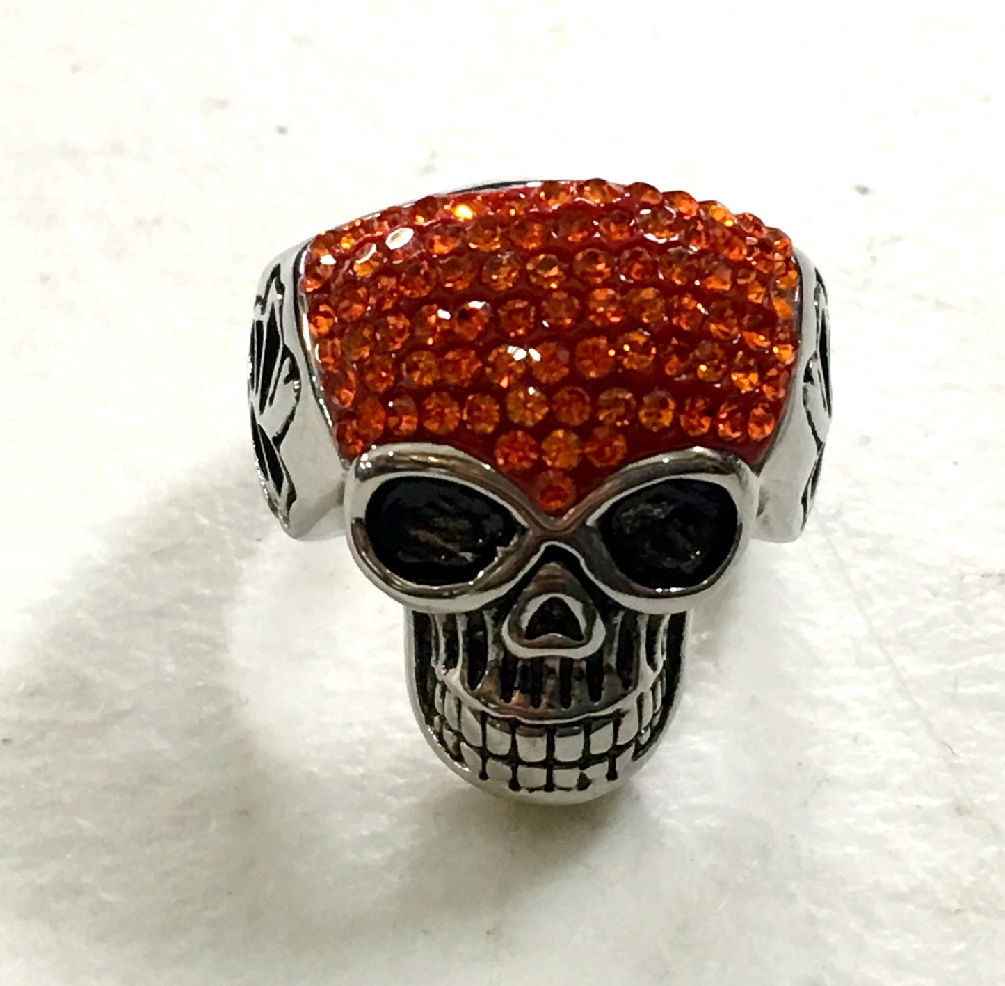 Sparkly Skull in Bright Orange Ring in Stainless Steel