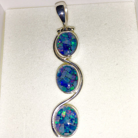 Mosaic Opal Pendant Three Drops Set in Sterling Silver