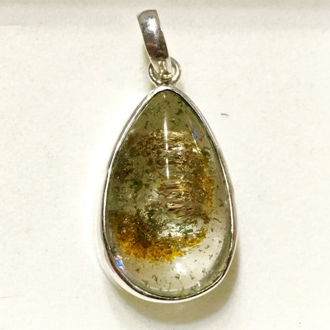 Stunning Moss Agate Pendant in Clear Quartz Wrapped in Sterling Silver