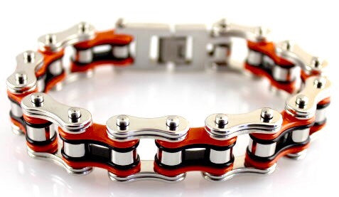 Wide Orange, Black and Stainless Steel Motorcycle Chain Bracelet