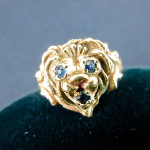 Stunning 14KT Yellow Gold Lion Ring Size 6 Sapphire Eyes & Mouth Vintage Estate Pinkie Ring