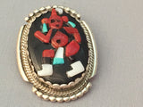 Bev Etsate Zuni Pin/Pendant Sterling Silver Coral Onyx Bear