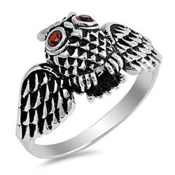 Owl Ring with Spread Wings and Red Eyes in Sterling