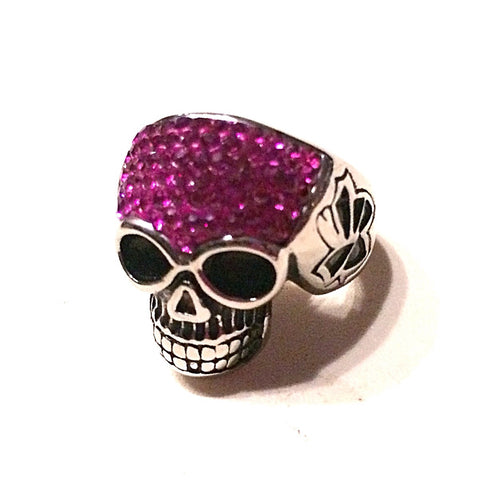 HOT Pink Fuchsia Bling Skull Ring in Stainless Steel