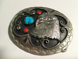 VINTAGE BELT BUCKLE with Coral  and Turquoise