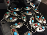 Vintage Sterling Turquoise and Red Coral Belt Estate Item Perfect Condition Small