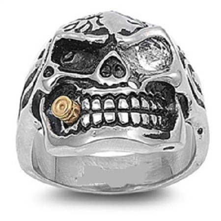 Extra Large Cigar Skull Sporting One Clear Eye Ring Large Stainless Steel