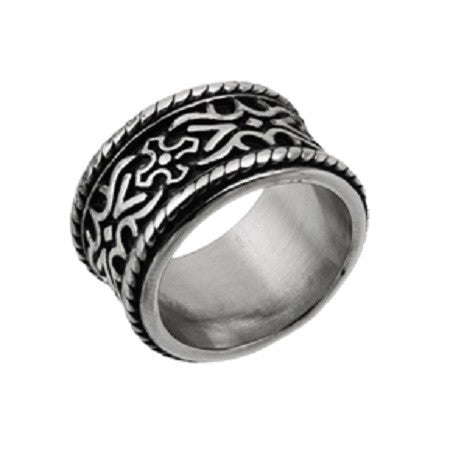 WIDE BLACK DESIGNER BAND RING IN STAINLESS STEEL WITH ROPE BORDER