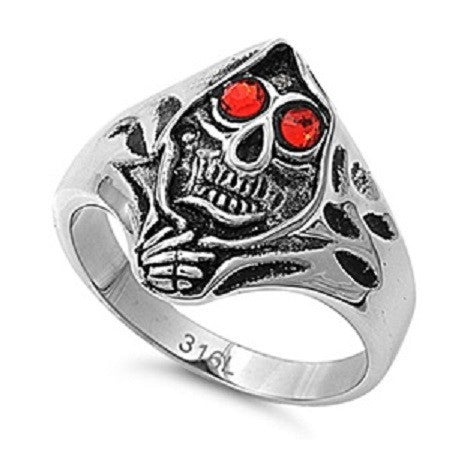 REAPER SKULL WITH REAPER SKULL WITH PIERCING RED EYES IN STAINLESS STEEL