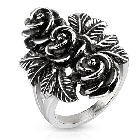 Triple Rose and Leaves Ring in Stainless Steel