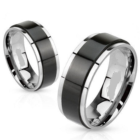 BLACK AND STAINLESS COMFORT SPINNER BAND RING