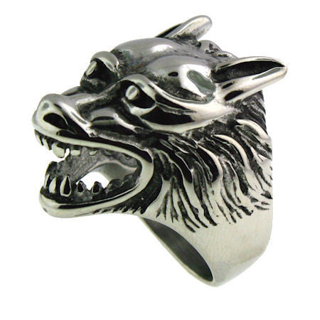 SNARLING WOLF HEAD RING in Stainless Steel