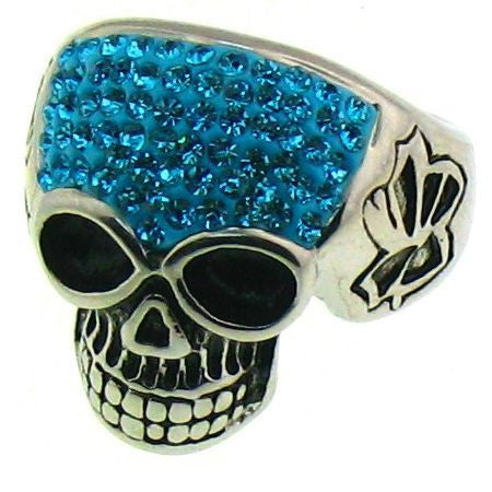 SPARKLY AQUA SKULL RING Stainless Steel