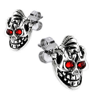 Skull Earrings with Red Eyes Stainless Steel