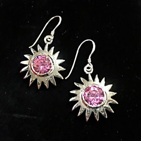 Bright Pink Ice Sun Ray Earrings in Sterling Silver