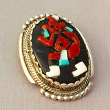 Bev Etsate Zuni Pin/Pendant Sterling Silver Coral Onyx Bear