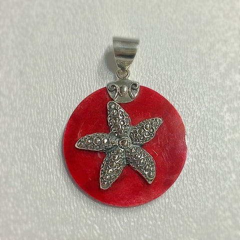 Starfish Pendant on Red Abalone Background Sterling Silver