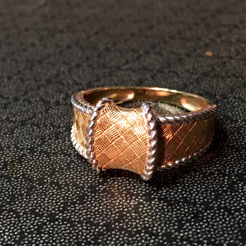 Woven Basket Ring in 14Kt Yellow Gold with White Gold Rope Trim