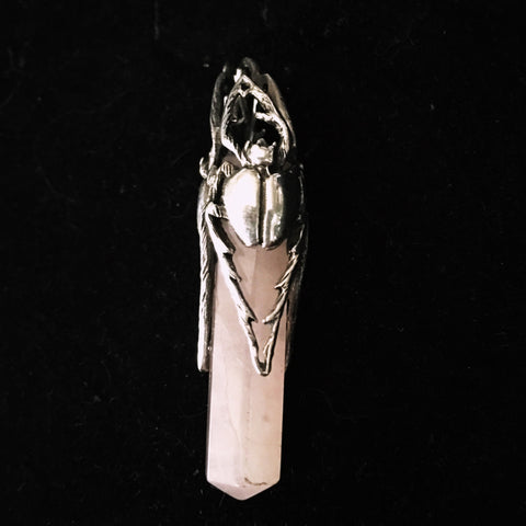 Pink Quartz Point Scarab & Sterling Silver Pendant