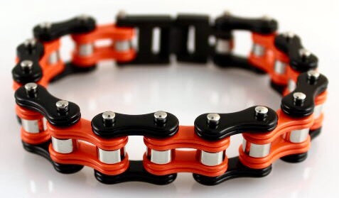 Wide Orange and Black Motorcycle Chain Bracelet in Stainless Steel