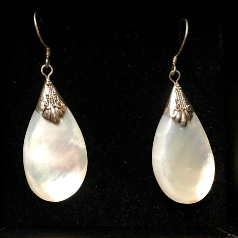 Shiny Mother of Pearl Teardrop Earrings Dangling On Sterling Ear Wires