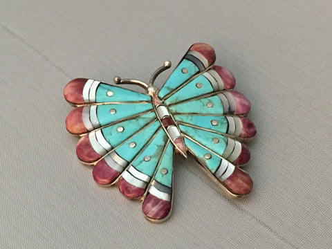 Vintage Inlaid Butterfly Pin Turquoise, Spiny Oyster, Mother of Pearl