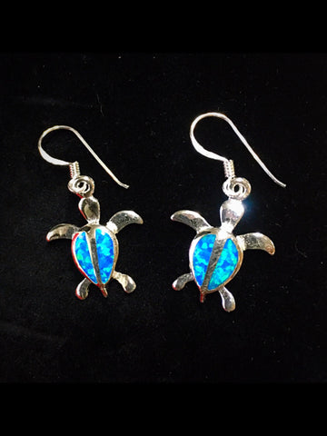 Sea Turtle Earrings Inlaid Blue Opal in Sterling Silver