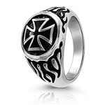 ROUND MALTESE CROSS RING WITH FLAMES STAINLESS STEEL
