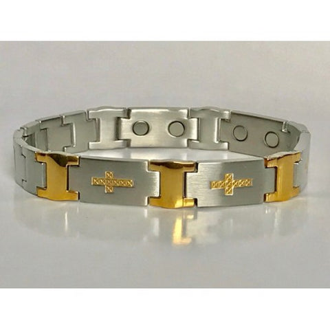 Stainless Steel Cross Horizontal in Goldtone Magnetic Bracelet