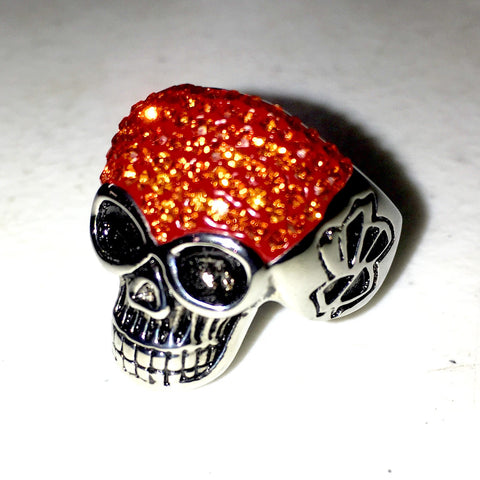 Sparkly Skull in Bright Orange Ring in Stainless Steel