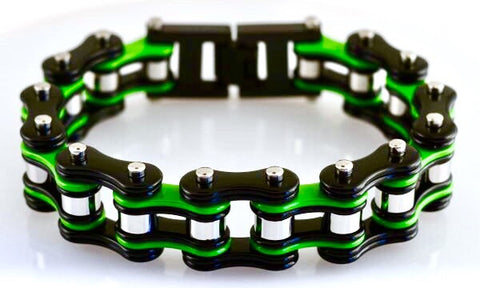 Motorcycle Chain Bracelet in Green and Black Stainless Steel.