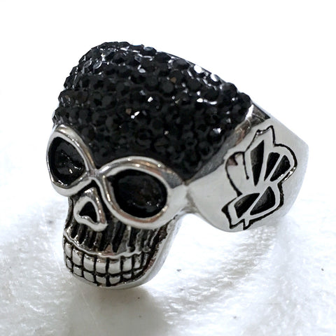 Sparkly Black Skull Ring in Stainless Steel